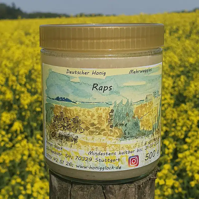 Rapshonig im 500-g-Glas vor einem Rapsfeld